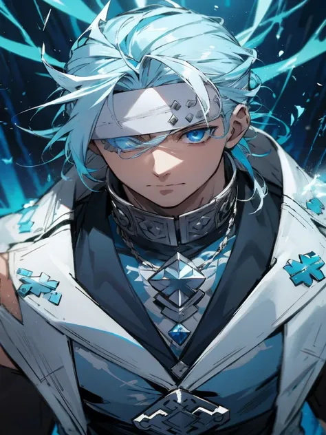 a close-up of a person with blue hair and a white jacket, tall anime guy with blue eyes, handsome guy in demon slayer art, anime...