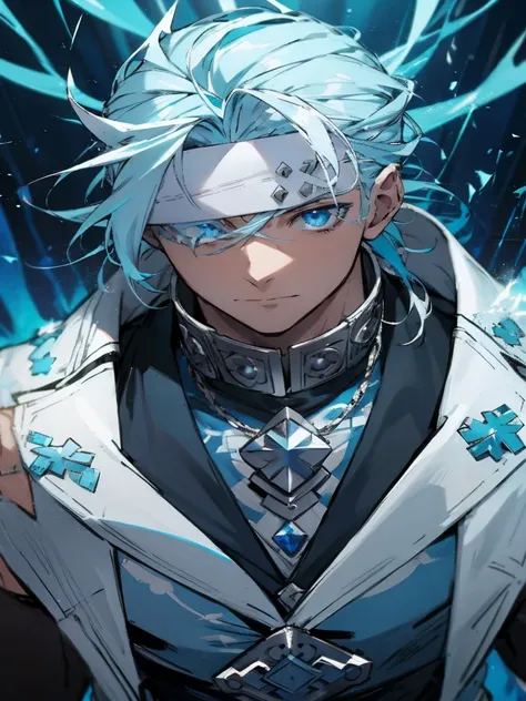 a close-up of a person with blue hair and a white jacket, tall anime guy with blue eyes, handsome guy in demon slayer art, anime...