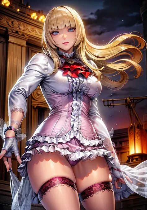 perfect eyes:1.2, detailed eyes:1.4, Emilie T8, blunt bangs, blue eyes, hands on hip, long hair, blonde hair, pink thighhighs, pink frilled dress, frilled ascot, fingerless gloves, smile, red eyeshadow:1.2, makeup:1.2, cowboy shot, 1girl, solo, (masterpiec...