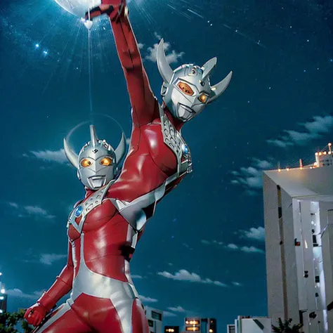 put arms together and emit rays,40m tall giant superhero ultraman taro,standing on tokyo japan,the same size as the building,tal...