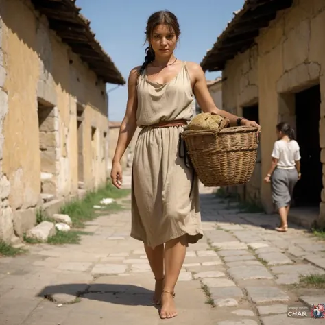 A Roman slave in a tavern is a beautiful brunette girl with regular facial features, dressed in a very short tunic with slits on the hips, barefoot, bracelets on her legs, a slave collar around her neck, thick hair tied in a ponytail, jugs and mugs of wine...