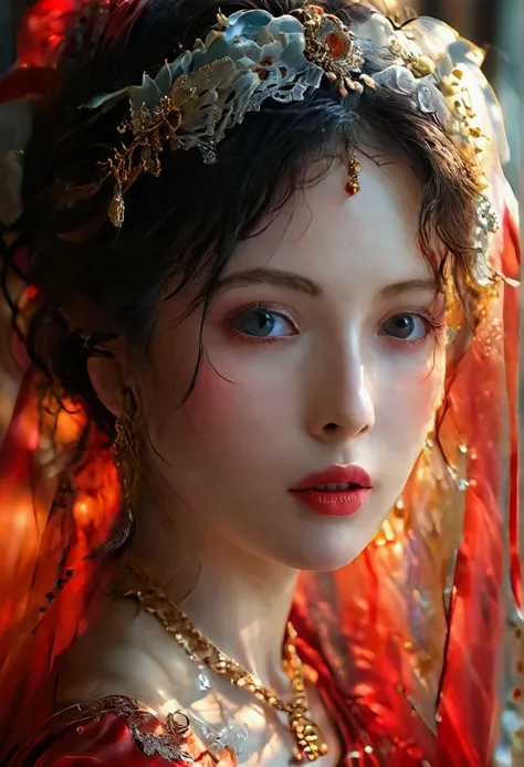 1 beautiful sexy woman，（（（eyes are very fragile）））（（（hair accessories）））（（（veil（24））））（（（veil））），necklace，wearing a red transpar...