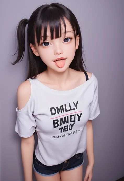 pastel colors colors t-shirt,off-shoulder look,bare shoulder,ollarbone,micro shorts,(open mouth:1.5),(tongue out:2),standing,leaning on wall,Lift up your shirt,overhead shot,front view,cowboy shot,(1girl,Beautiful 14 year old girl),((Slender,Small breasts,...