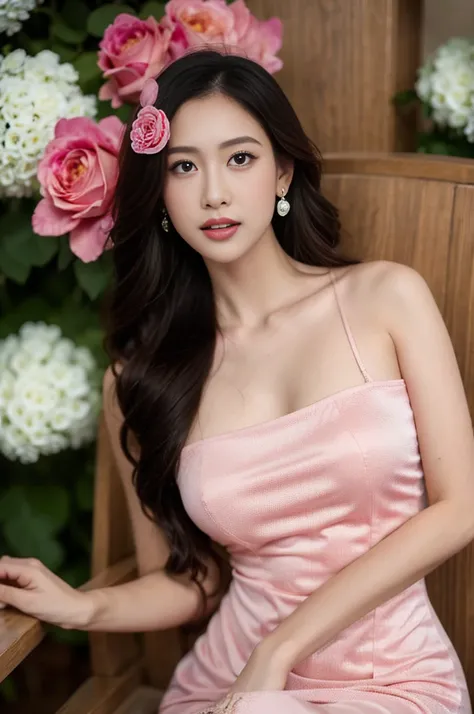 Canon RF85mm f/1.2, masterpiece,best quality,ultra highres,1 girl,lying,flower,off-shoulders dress,long hair,red dress,hand on own stomach,black hair,jewelry,earrings,colorful flower,rose,pink rose,on back,lips,breasts,eyelashes,collarbone