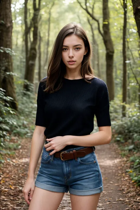 (bestquality,realistic:1.2),(brunette hair:1.1),(French:1.1),(sexy:1.1),(slim figure:1.1),(18 years old:1.1),(handcuffed:1.1),(black short sleeve sweater:1.1),(rolled-up sleeves:1.1),(hands up:1.1),(visible legs:1.1),(open mouth:1.1),illustration,forest,de...