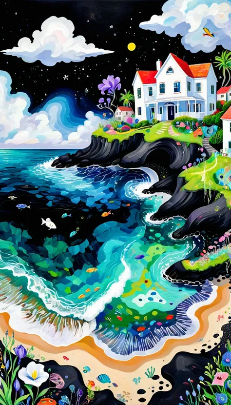 children's graffiti,thick coating，concave and convex texture，oil pastel strokes：peaceful sea，white houses on black rocks on blac...