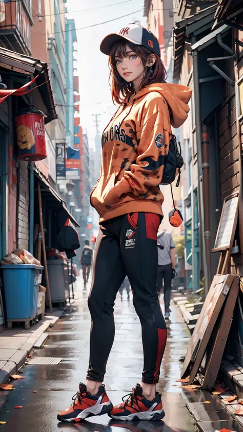 20-year-old Caucasian female、Red hair、Short Bob、Headphones、Camouflage pattern hoodie、New York Yankees Cap、Reach into your hoodie pocket、leggings、sneakers、An alley overflowing with trash、Leaning against the wall of a brick house、Look to the side、View your v...