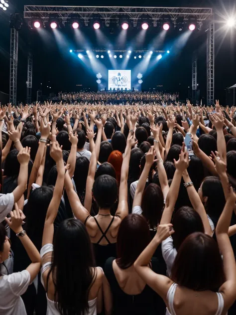 masterpiece, main stage, korean girl band, mini dress, crowd, cinematic, five girls, line up, group_photograph, multiple girls,