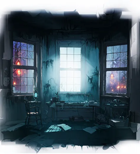 there is a bed in the room，there are two windows， spooky room,suspenseful and weird room，anime style，fifth personality， photorea...