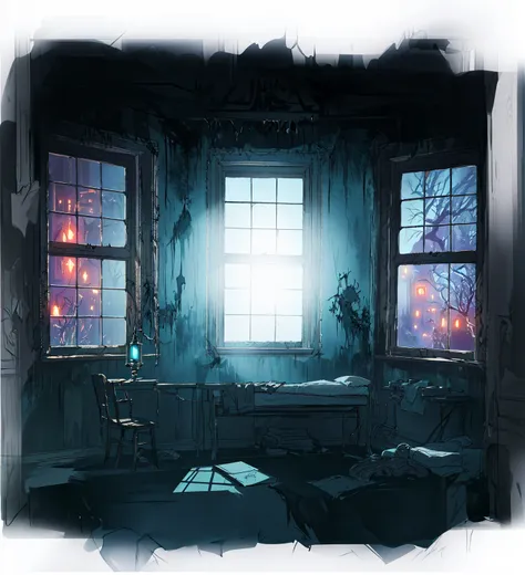 there is a bed in the room，there are two windows， spooky room,suspenseful and weird room，anime style，fifth personality， photorea...