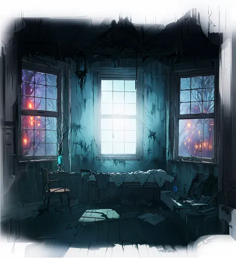 there is a bed in the room，there are two windows， spooky room,suspenseful and weird room，anime style，fifth personality， photorea...