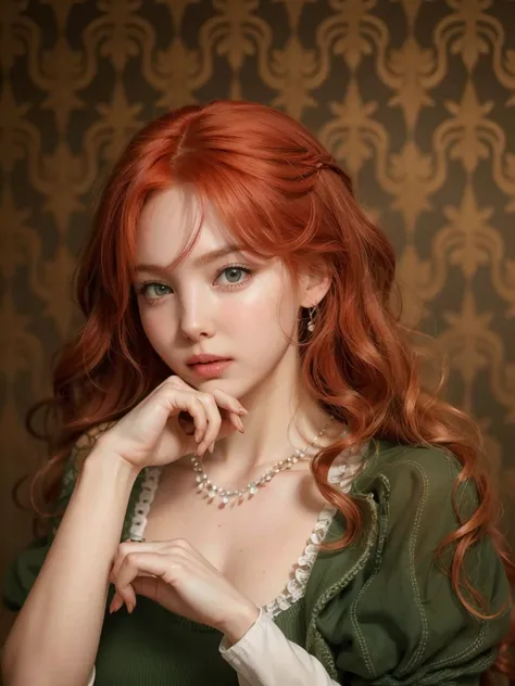 Best Quality, master part, ultra high resolution, (photorealistic:1.4), raw photo, 1 girl, portrait looking at the viewer, long red hair, pale skin, Half body, neckline prominent