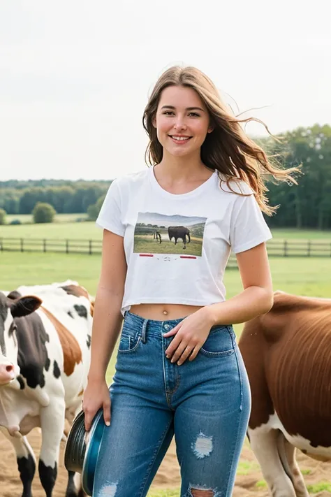 realistic photo of a young woman on a farm standing next to a small cow holding a milking bucket and wear ripped jeans and white t-shirt
