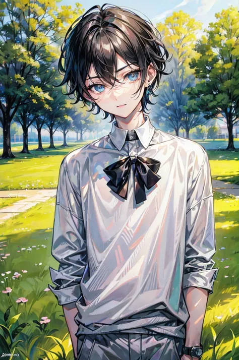 a young skinny boy with very short black hair and gray eyes, glowing eyes, handsome, bright skin tone, (detailed eyes), (best quality,highres,masterpiece:1.2),ultra-detailed,award winning,high resolution,1boy, setting in a park in the morning, (smiley), (w...