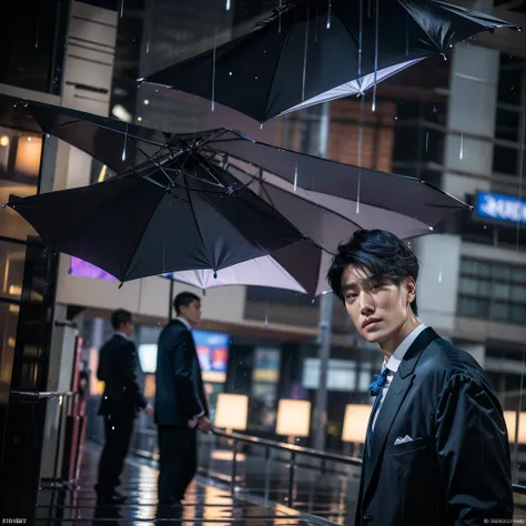 a tall asian man, wearing a suit, holding an umbrella, looking at the camera, (best quality,4k,8k,highres,masterpiece:1.2),ultra...