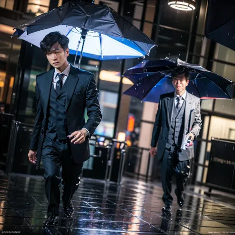 a tall asian man, wearing a suit, holding an umbrella, looking at the camera, (best quality,4k,8k,highres,masterpiece:1.2),ultra...