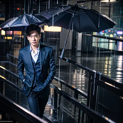 a tall asian man, wearing a suit, holding an umbrella, looking at the camera, (best quality,4k,8k,highres,masterpiece:1.2),ultra...