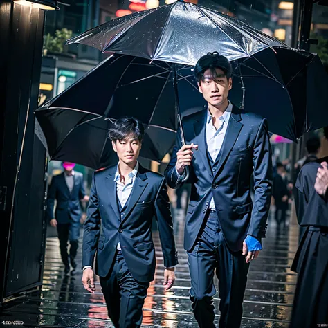 a tall asian man, wearing a suit, holding an umbrella, looking at the camera, (best quality,4k,8k,highres,masterpiece:1.2),ultra...