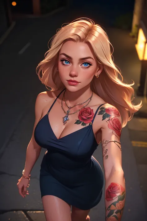 (Selfie Shot, From  above:1.4), big breasts, bountiful breasts, neckleace profundo, (Half Body Posttrait:1.4), (((red rose tattoos on arm and shoulder:1))), beautiful red rose tattoos, RAW UHD portrait photo of a 24-year-old blonde (Blue eyed woman) walkin...