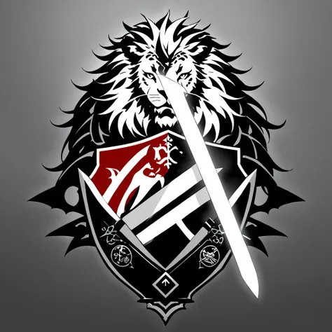 no words, badge, oriental, logo, badge, family crest, a lion-like creature, in red, black and white. two swords pierce from insi...