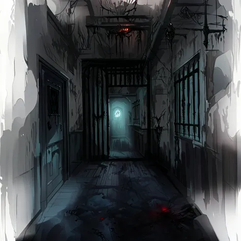 there is a photo of the hallway，light comes in from the window, prison background, silent hill concept art, creepy liminal space...