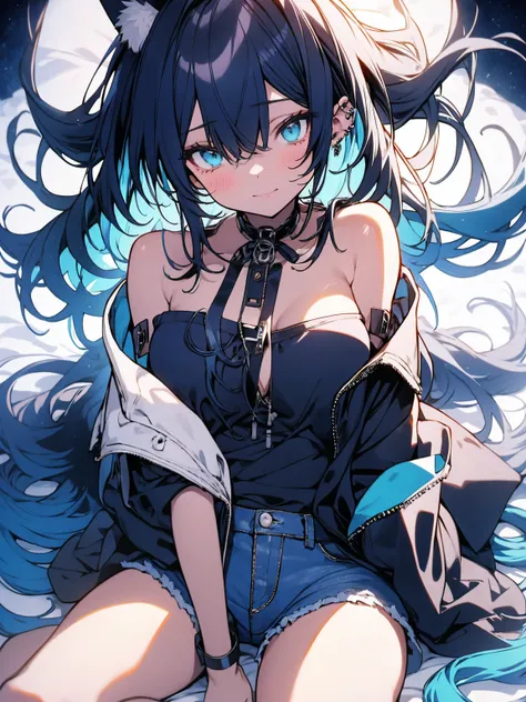 Miku Hatsune, add alta definición_detail:1, blue fur,kitsune ears, tatuaje tribal add_detail:1,pose in bed, scoating position during a full moon showing off her beautiful figure and her outfit (black blouse bare shoulders, denim mini shorts) add_details:1,...