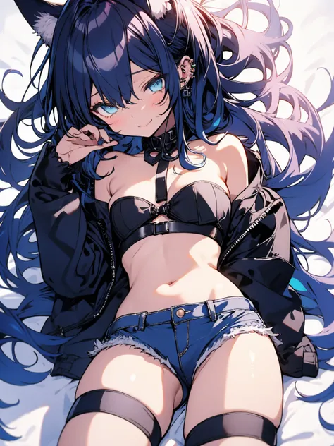 Miku Hatsune, add alta definición_detail:1, blue fur,kitsune ears, tatuaje tribal add_detail:1,pose in bed, scoating position during a full moon showing off her beautiful figure and her outfit (black blouse bare shoulders, denim mini shorts) add_details:1,...