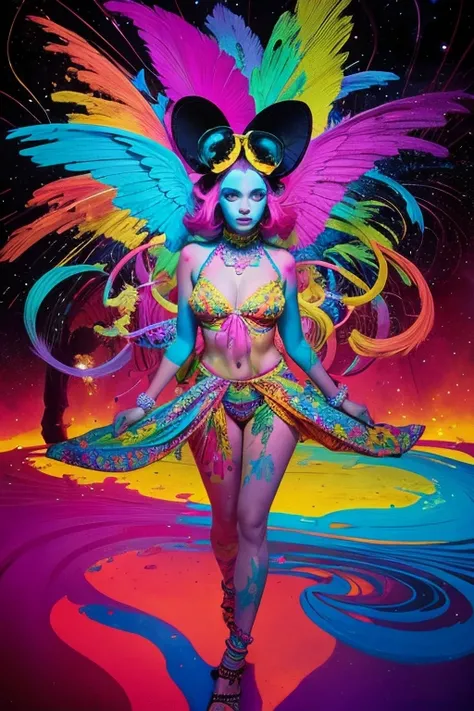 Glow in the dark ，Paint splatter，Captivating psychedelic surreal neon amazing universe beautiful gorgeous women in a bright colorful neon light，Mark Ryden、Daniel Merriam、Bright neon colors in the style of Frank Frazetta and Boris Vallejo, 、Fashion clothes，...