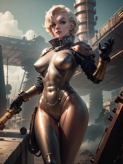 a cybernetic assassin woman (M_Monroe), 2 obviously steam driven limbs, seductive infiltration suit, big gun, airships berthed in drydock in background, steampunk, photorealistic, 8k, best quality, highly detailed, sharp focus, vivid colors, dramatic light...