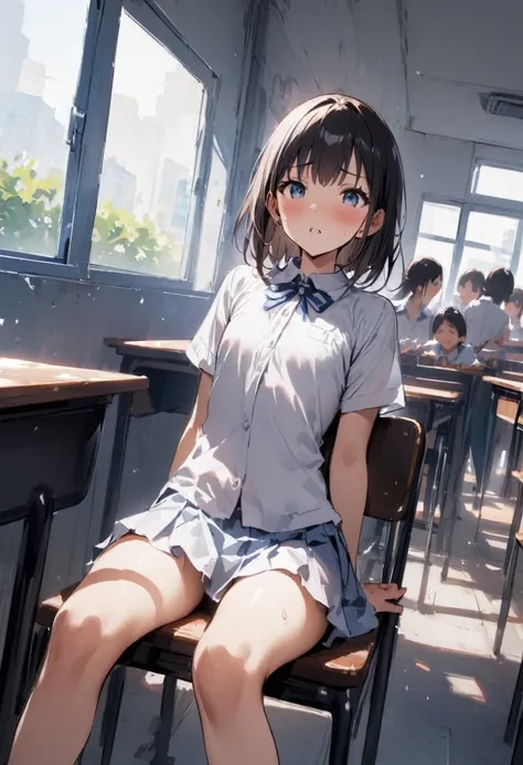 Air conditioning is broken、School、In the classroom、Sitting in a chair、Girl、Girl、Short、Younger、Lower school year、Baby Face、flat chest、Dynamic Angle、masterpiece、best quality、ultra-detail、Summer sunshine、Miniskirt、The desks are lined up、There are several clas...