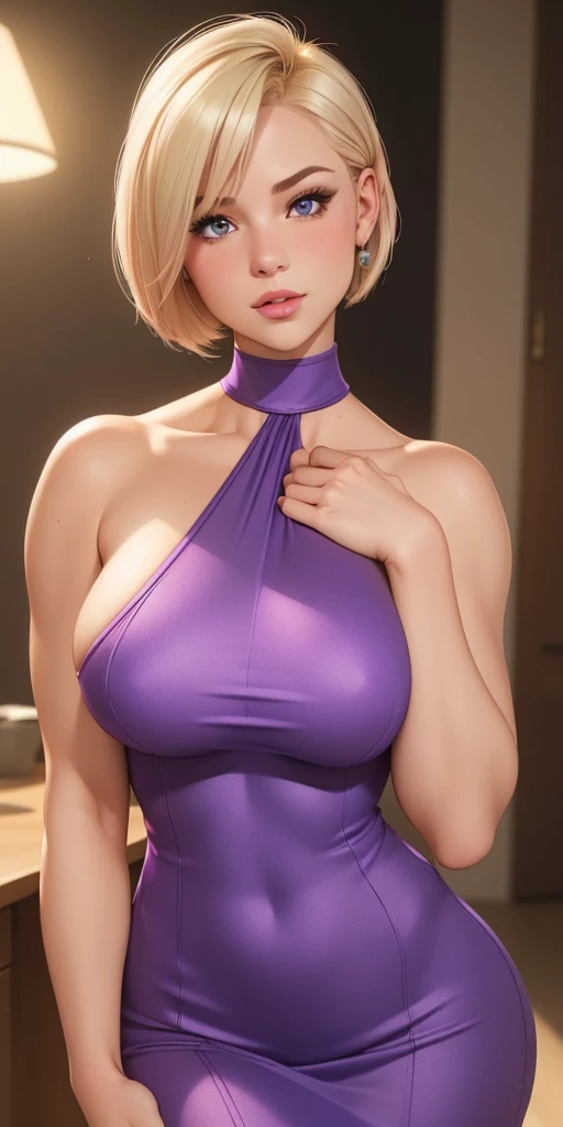 (best quality, ultra-detailed, photorealistic: 1.39), bright and vibrant colors, studio lighting, romantic expression, short purple dress, undercut platinum bobcut  blonde hair, huge breasts, fit, muscular,long hair, mercenary