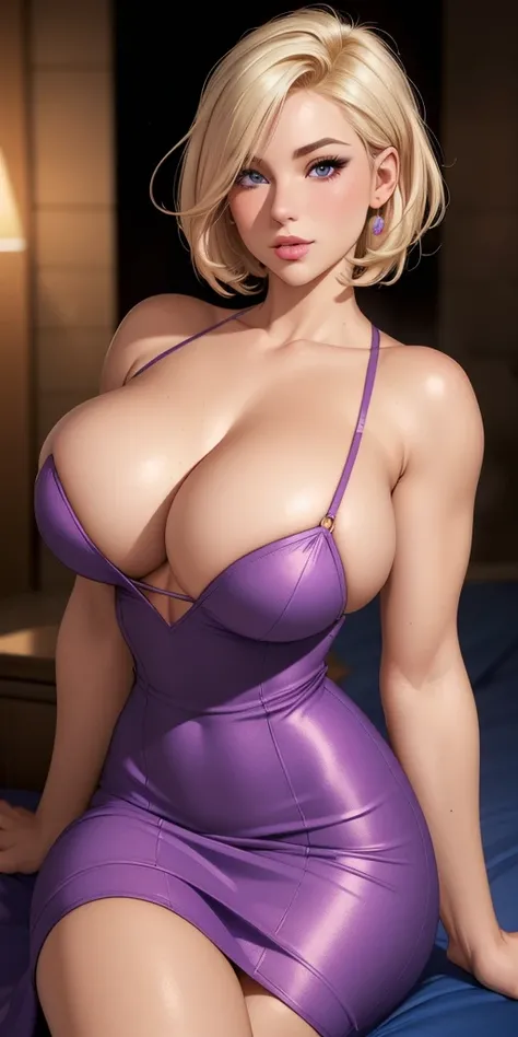 (best quality, ultra-detailed, photorealistic: 1.39), bright and vibrant colors, studio lighting, romantic expression, short purple dress, undercut platinum bobcut  blonde hair, huge breasts, fit, muscular,long hair, mercenary