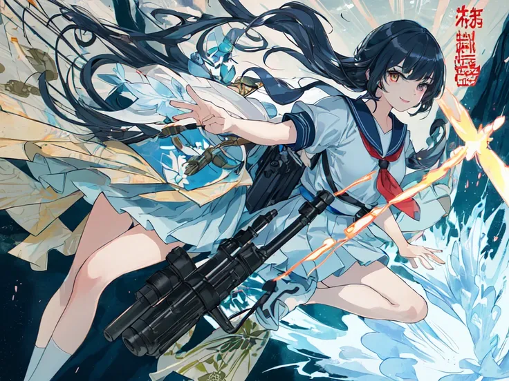 The main illustrations include a school bag, a rifle, and a hot sailor suit. Please follow the instructions below and create an illustration as if you were a professional illustrator who is ``good at expressing Japanese anime illustrations. Please generate...