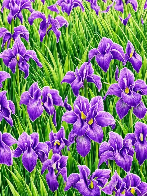 purple flowers line the edge of a garden with green grass, a pastel by Bernard D’Andrea, flickr, fine art, beautiful border, irises, encompass violet irises, soulful irises, wide irises, iris, cube shaped irises, violet and black, their irises are red, ind...