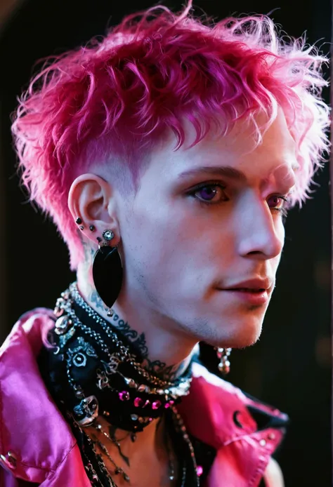 short pink hair, skinny man, pink goth, earrings, pale skin, purple eyes, smile, side profile