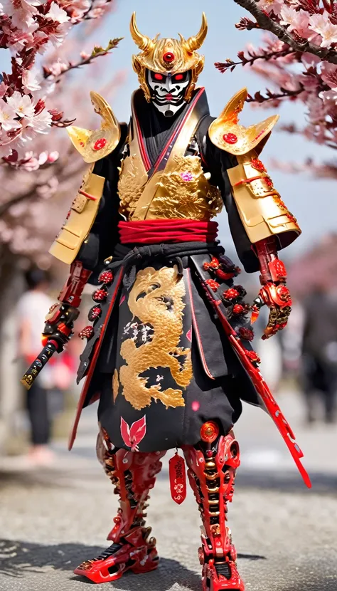 １３century、A golden cyborg samurai-like creature wearing a Hannya mask.、Shining eyes、Long coat、(Black and Red)、FW Murano Style, An explosion of vibrant colors, whole body、cherry blossoms、Incredibly detailed, dark, Key Visual, in the air, Attack the enemy、Ve...