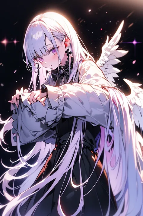 a white gothic lolita angel of punishment, long white hair, purple eyes, 4 wings, holding a black sword, mature, slender, tall, (best quality,4k,8k,highres,masterpiece:1.2),ultra-detailed,(realistic,photorealistic,photo-realistic:1.37),intricate details,ch...