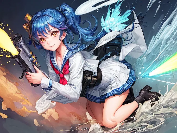 The main illustrations include a school bag, a rifle, and a hot sailor suit. Please follow the instructions below and create an illustration as if you were a professional illustrator who is ``good at expressing Japanese anime illustrations. Please generate...