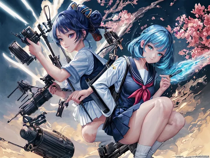 The main illustrations include a school bag, a rifle, and a hot sailor suit. Please follow the instructions below and create an illustration as if you were a professional illustrator who is ``good at expressing Japanese anime illustrations. Please generate...