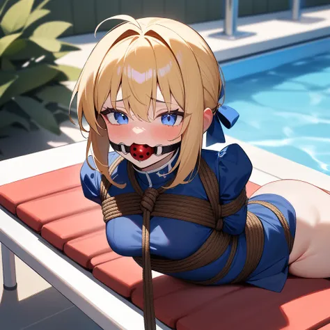 1girl, saber, fate (series),lying on a sunbed by a pool in the garden, bondage,gaged,ballgag,rope,hand behind back,masterpiece,very aesthetic,newest,