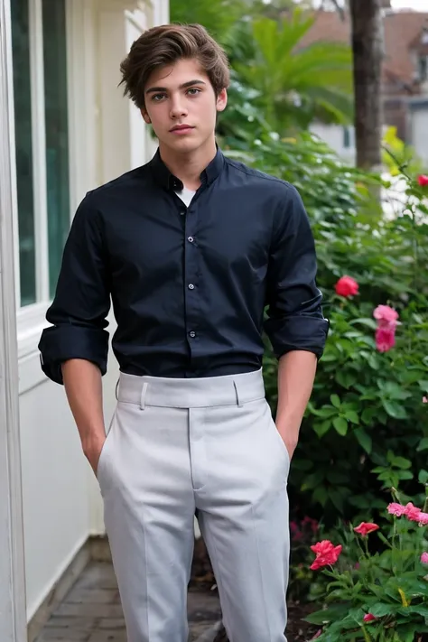 realistic photo of solo handsome teenage men standing in front of hotel garden