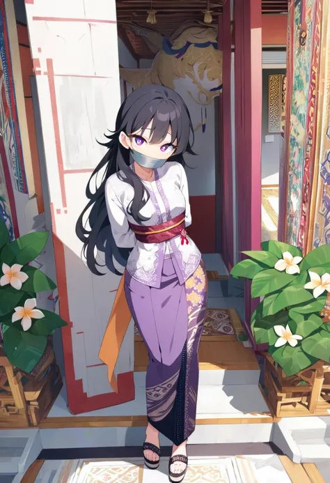 score_9, score_8_up, source_anime, 1girl, solo,The photo features a woman standing in traditional decorations. She is wearing traditional attire consisting of a light purple kebaya with lace trim and a long purple skirt with batik or songket patterns. The ...