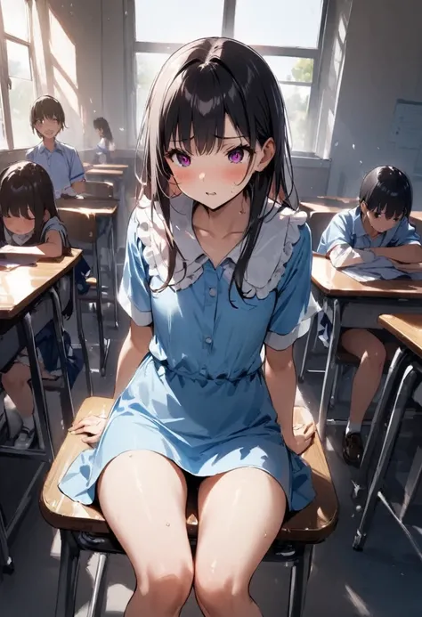 Sweating profusely、Air conditioning is broken、School、In the classroom、Sitting in a chair、Girl、Girl、Short、Younger、Lower school year、Baby Face、flat chest、Dynamic Angle、masterpiece、best quality、ultra-detail、Summer sunshine、Miniskirt、The desks are lined up、The...