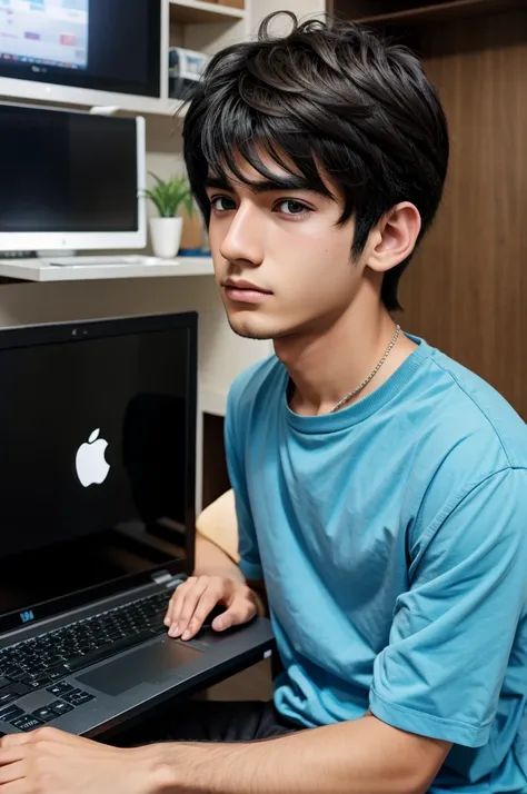 Create anime boy 18 years old name hasan laptop controlling 