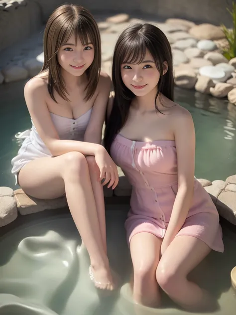 (In 8K、Highest quality、masterpiece:1.2)、(Realistic、Photorealistic:1.2)、Two girls in strapless towels at a hot spring,18-year-old,bangs,A small smile,Thighs,knees,Straight hair with a barrette attached with a red ribbon,From below,Front light