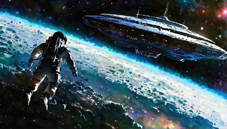 Astronauts wander through space, black background , Galaxy in the background , large alien spaceship floating above