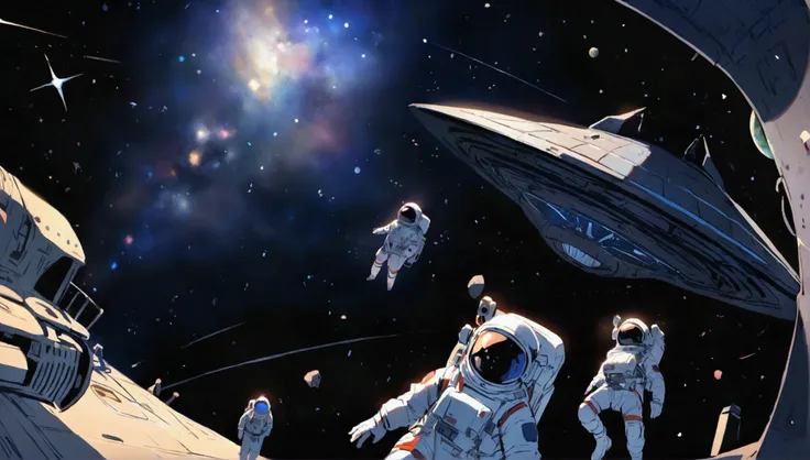 Astronauts wander through space, black background , Galaxy in the background , large alien spaceship floating above