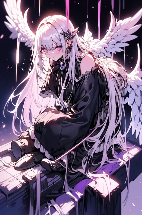 a white gothic lolita angel of punishment, long white hair, purple eyes, 4 wings, holding a black sword, mature, slender, tall, (best quality,4k,8k,highres,masterpiece:1.2),ultra-detailed,(realistic,photorealistic,photo-realistic:1.37),intricate details,ch...