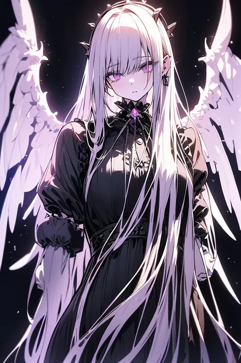 white gothic lolita angel of punishment, long white hair, purple eyes, 4 wings, holding a black sword, mature, slim, tall, (best quality,4K,8K,mackerel,masterpiece:1.2),very detailed,(realistic,photorealistic,photo-realistic:1.37),intricate details,Contras...