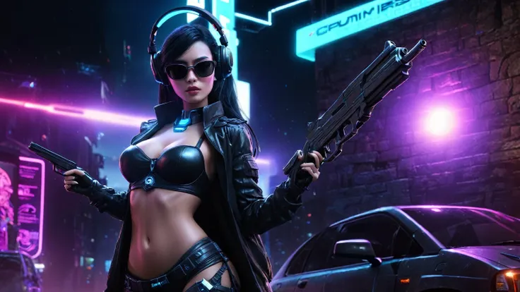 At night, dark sky, distant shot aerial view of fantasy cyberpunk style ice ((Moai-statue)) city, ((flying car)). ((1girl, solo, alone)), medium-breast:1.1 slim body, cleavage, sexy clothes, (headphone, black sunglasses, long black realistic hair), (((hip-...